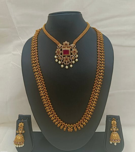 Traditional Antique Gold Long Haram Necklace Set with Ruby & Pearl Detailing