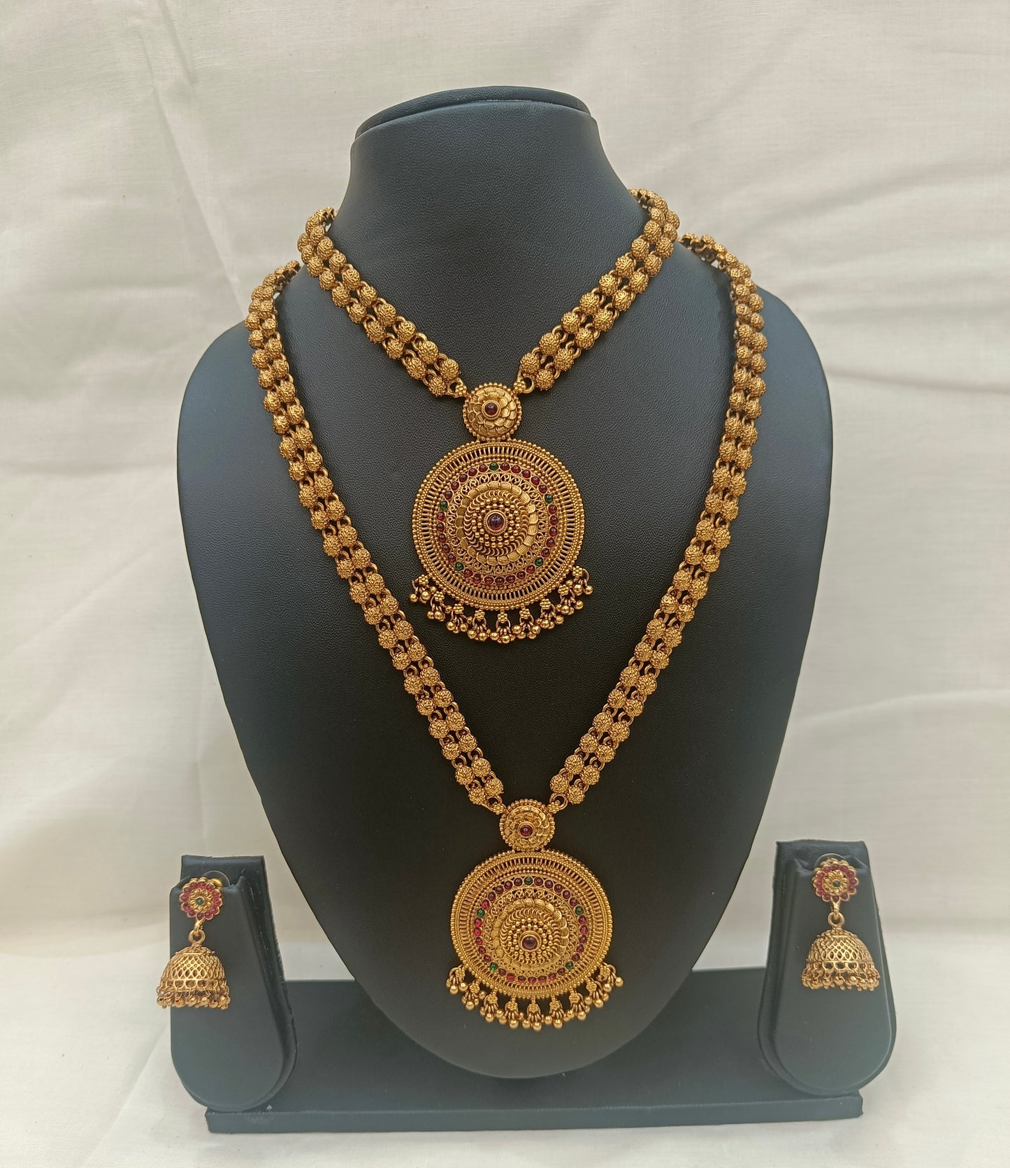 ✨ Antique Gold Temple Long Haram & Choker Set with Jhumkas ✨