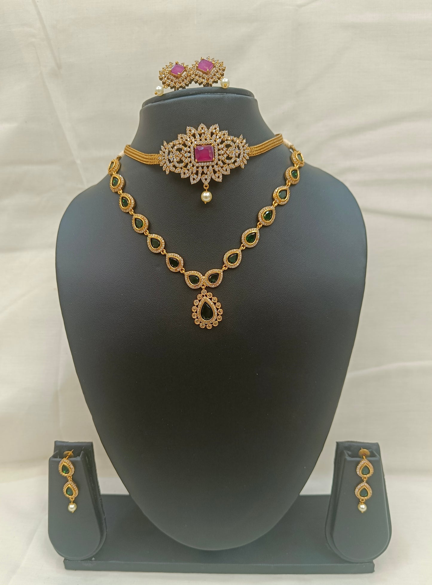 Dual Necklace Set with Ruby Choker, Green Stone Chain & Earrings