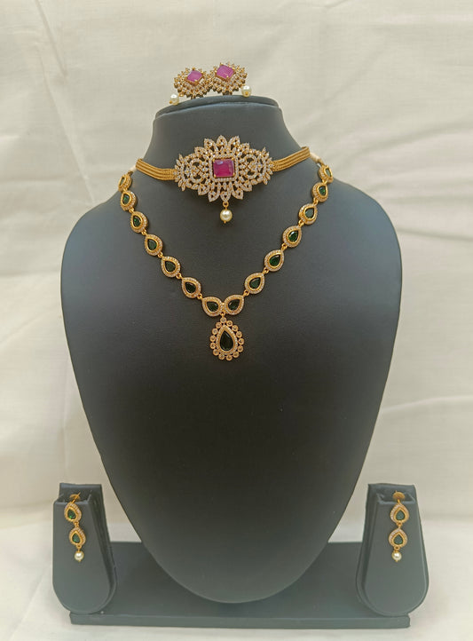 Dual Necklace Set with Ruby Choker, Green Stone Chain & Earrings
