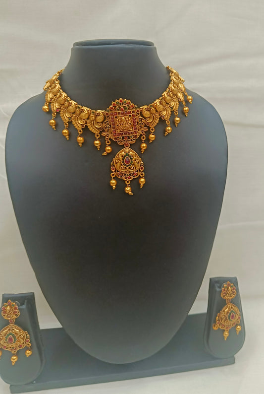 “Traditional Temple Choker Set with Ruby Stone & Gold Beads”