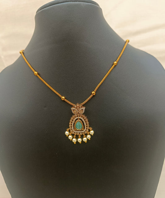 Elegant Gold-Plated Green Stone & Pearl Drop Necklace