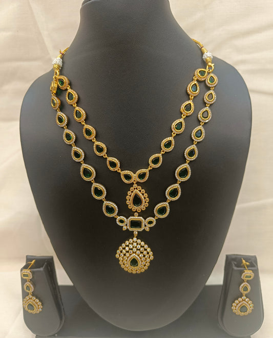 Elegant Gold-Plated Layered Necklace Set with Green & White Stones
