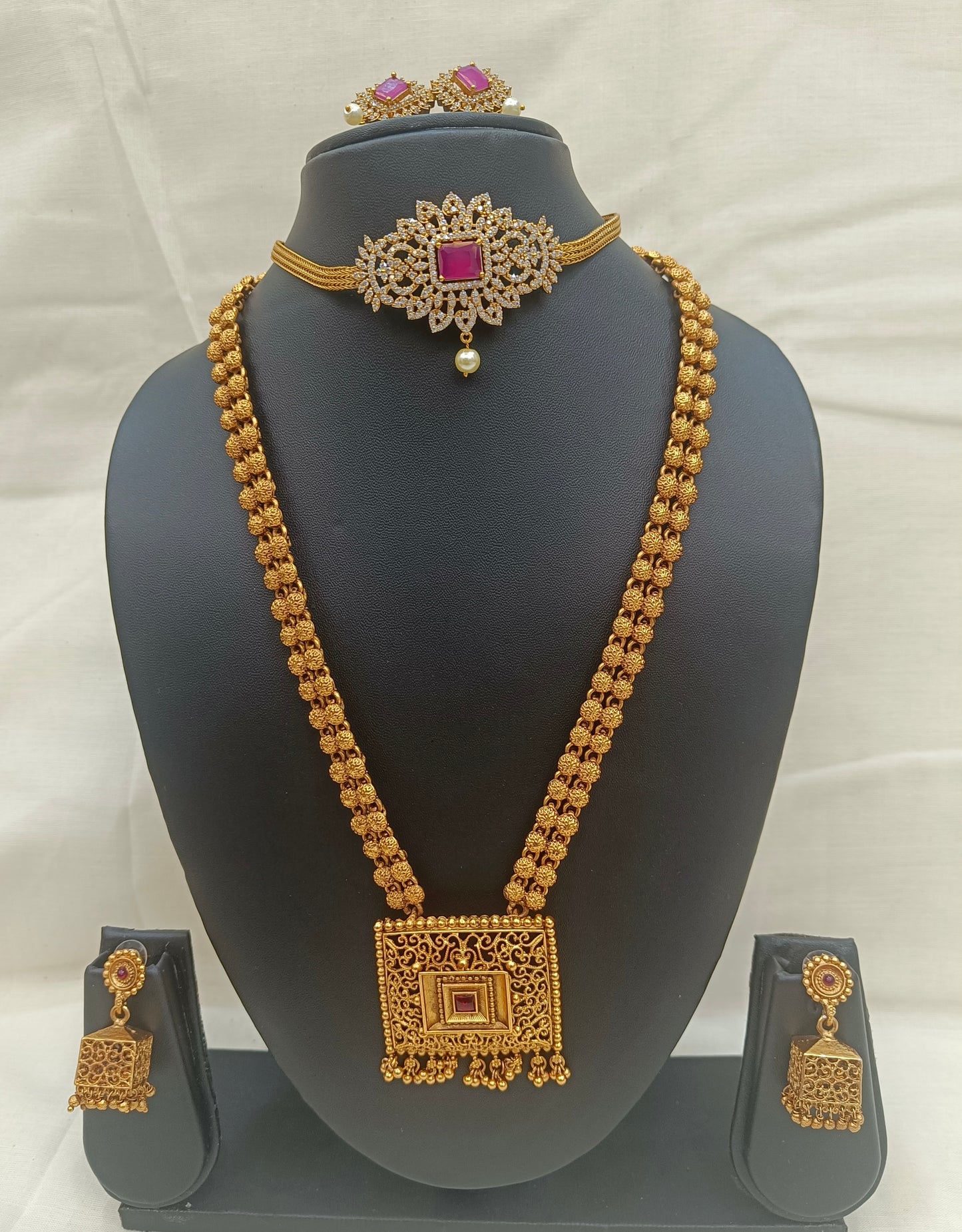 Royal Dual Necklace Set with Ruby Choker, Antique Haram & Earrings