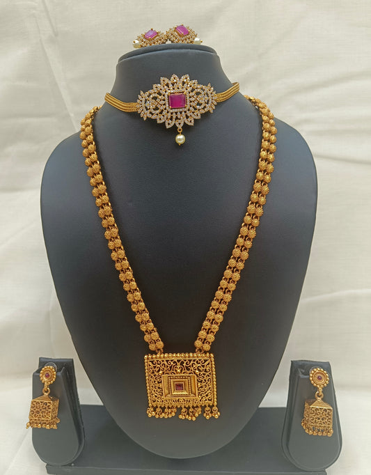 Royal Dual Necklace Set with Ruby Choker, Antique Haram & Earrings