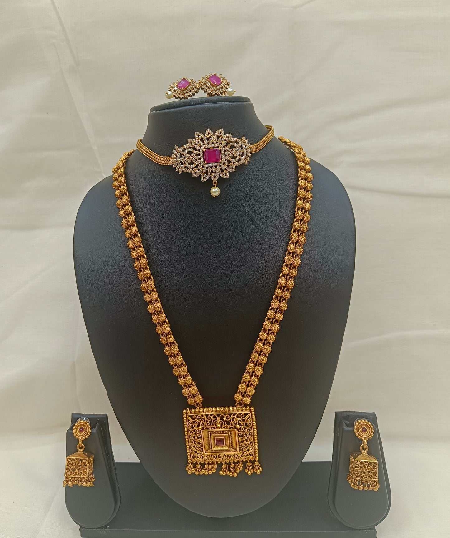 Royal Dual Necklace Set with Ruby Choker, Antique Haram & Earrings