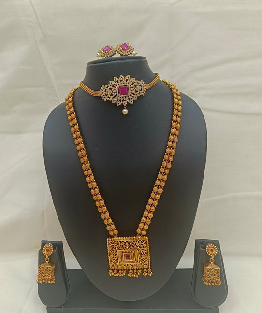Royal Dual Necklace Set with Ruby Choker, Antique Haram & Earrings