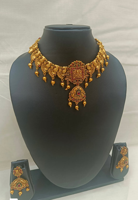 “Traditional Temple Choker Set with Ruby Stone & Gold Beads”