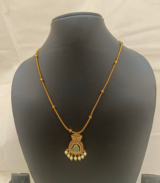 Elegant Gold-Plated Green Stone & Pearl Drop Necklace