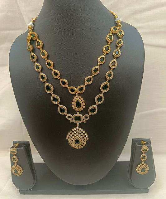Elegant Gold-Plated Layered Necklace Set with Green & White Stones