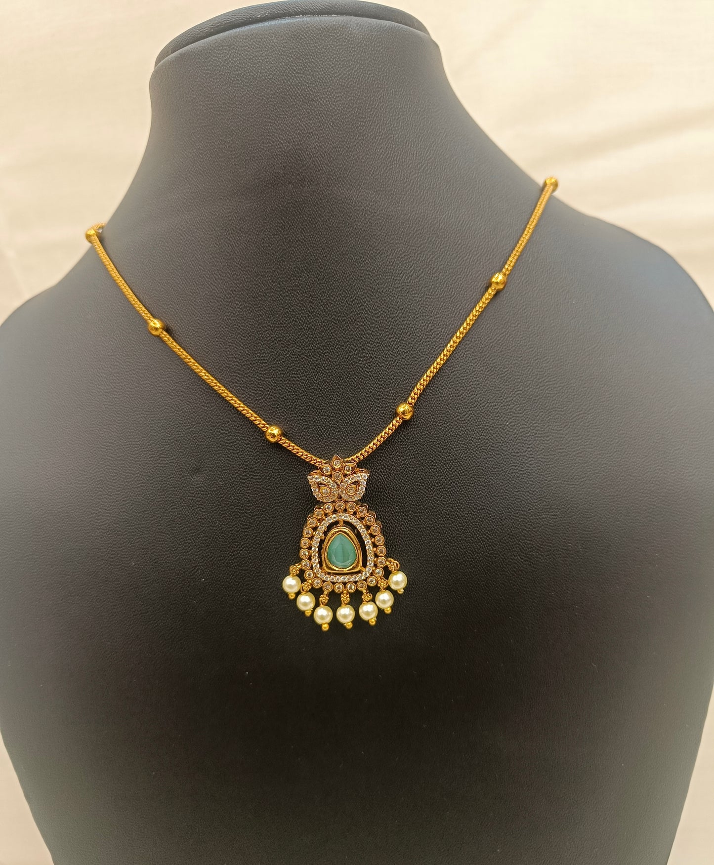 Elegant Gold-Plated Green Stone & Pearl Drop Necklace