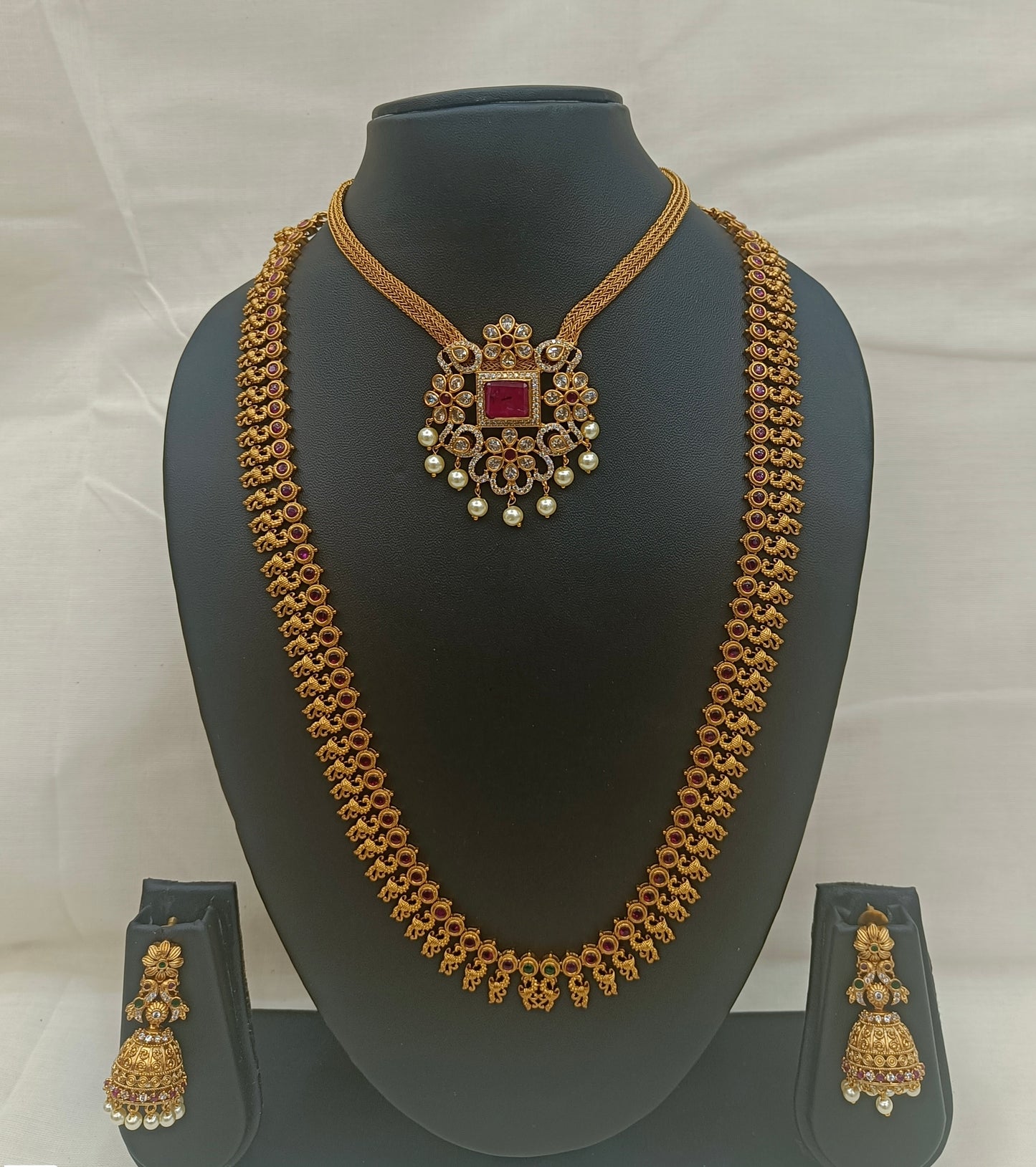 Traditional Antique Gold Long Haram Necklace Set with Ruby & Pearl Detailing