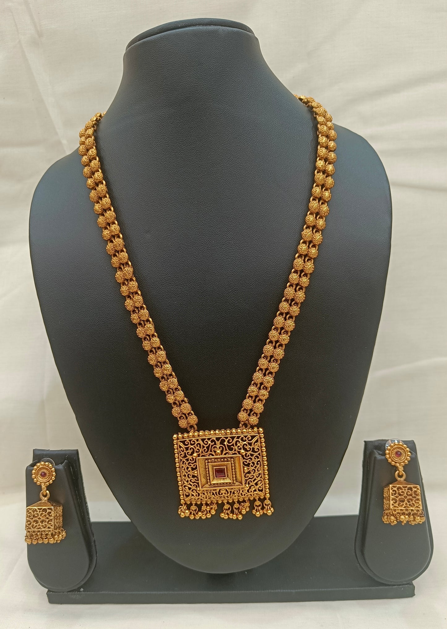 ✨ Antique Gold Long Necklace Set with Square Pendant & Jhumka Earrings ✨