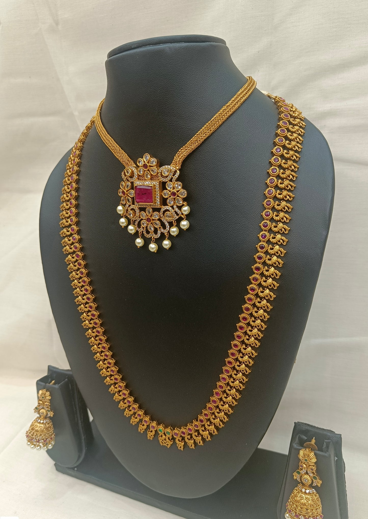 Traditional Antique Gold Long Haram Necklace Set with Ruby & Pearl Detailing