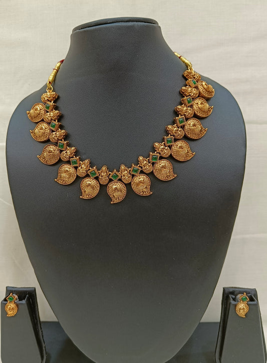 ✨ Antique Gold Temple Coin Necklace Set with Green Stone Detailing ✨