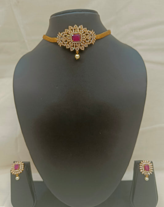 ✨ Antique Gold Ruby Choker Necklace Set with Pearl Drop Detailing ✨
