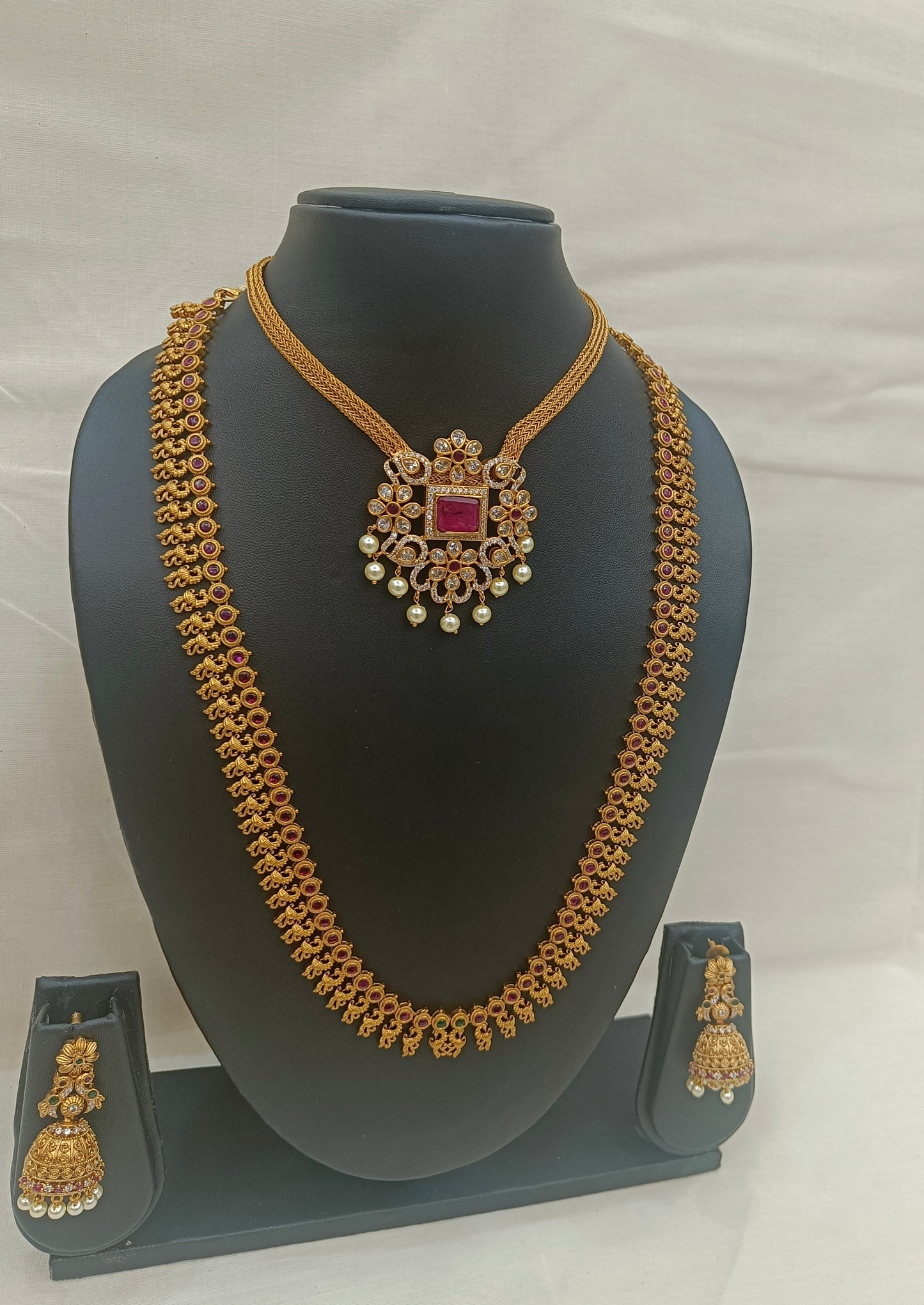 Traditional Antique Gold Long Haram Necklace Set with Ruby & Pearl Detailing
