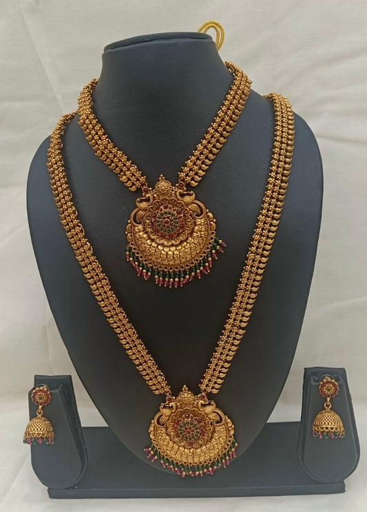 ✨ Antique Temple Jewellery Set | Double Layer Haram with Choker & Jhumka Earrings ✨