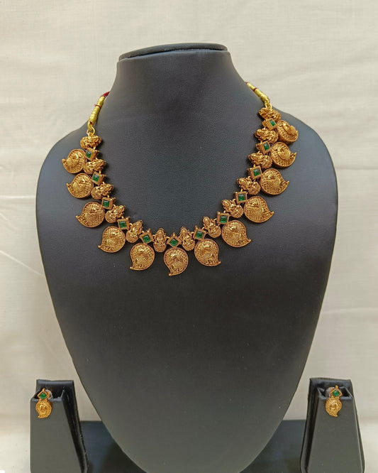 ✨ Antique Gold Temple Coin Necklace Set with Green Stone Detailing ✨