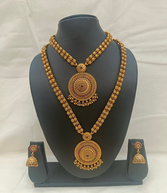 ✨ Antique Gold Temple Long Haram & Choker Set with Jhumkas ✨