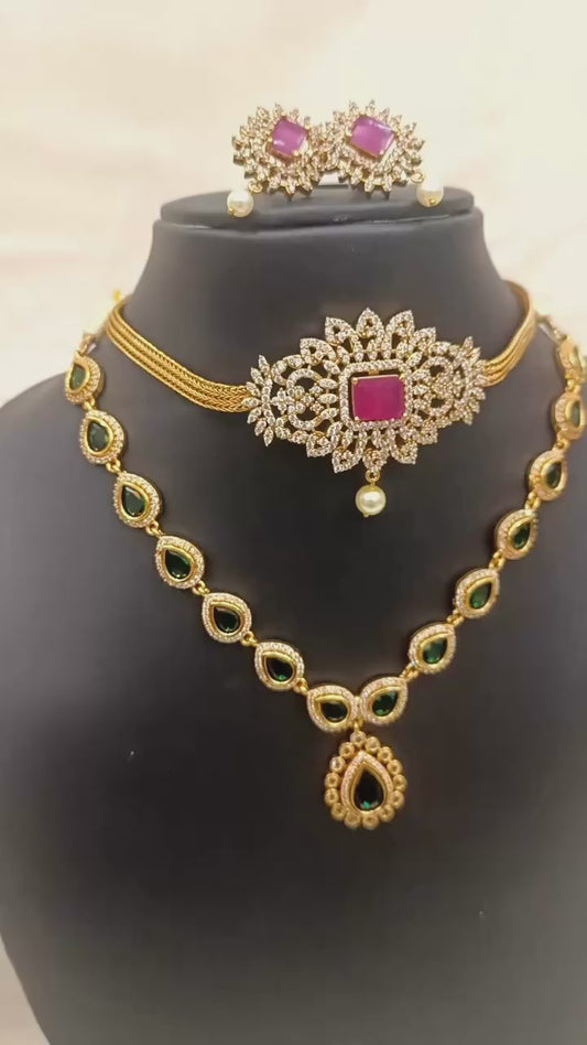 Dual Necklace Set with Ruby Choker, Green Stone Chain & Earrings